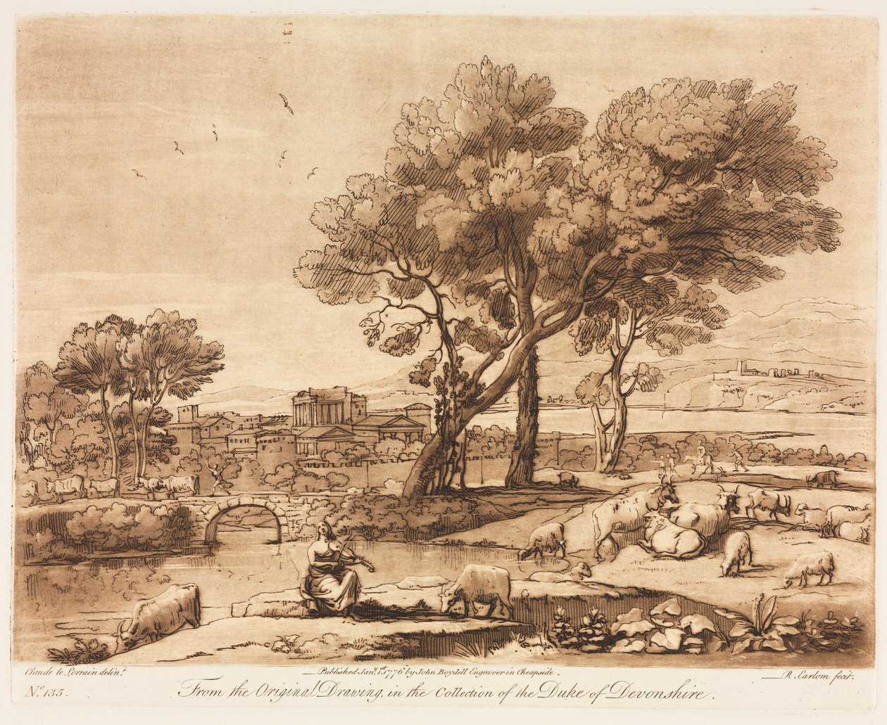 Liber Veritatis : No. 135, Un paysage avec bâtiments, Mercure volant le bétail d