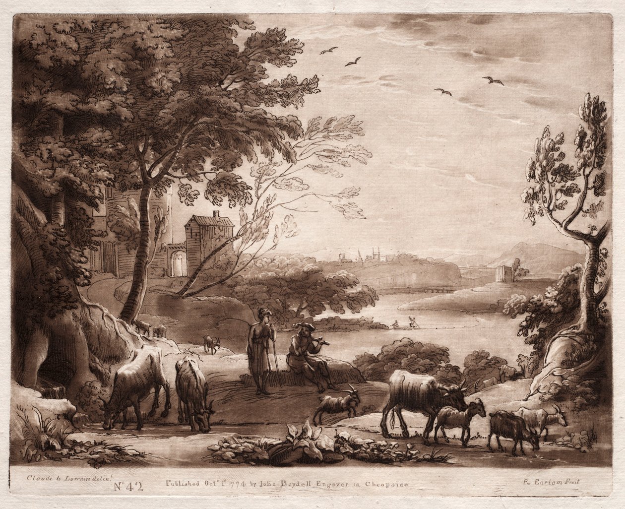 Liber Veritatis : No. 42, Un paysage fluvial avec un berger et une bergère - Richard Earlom