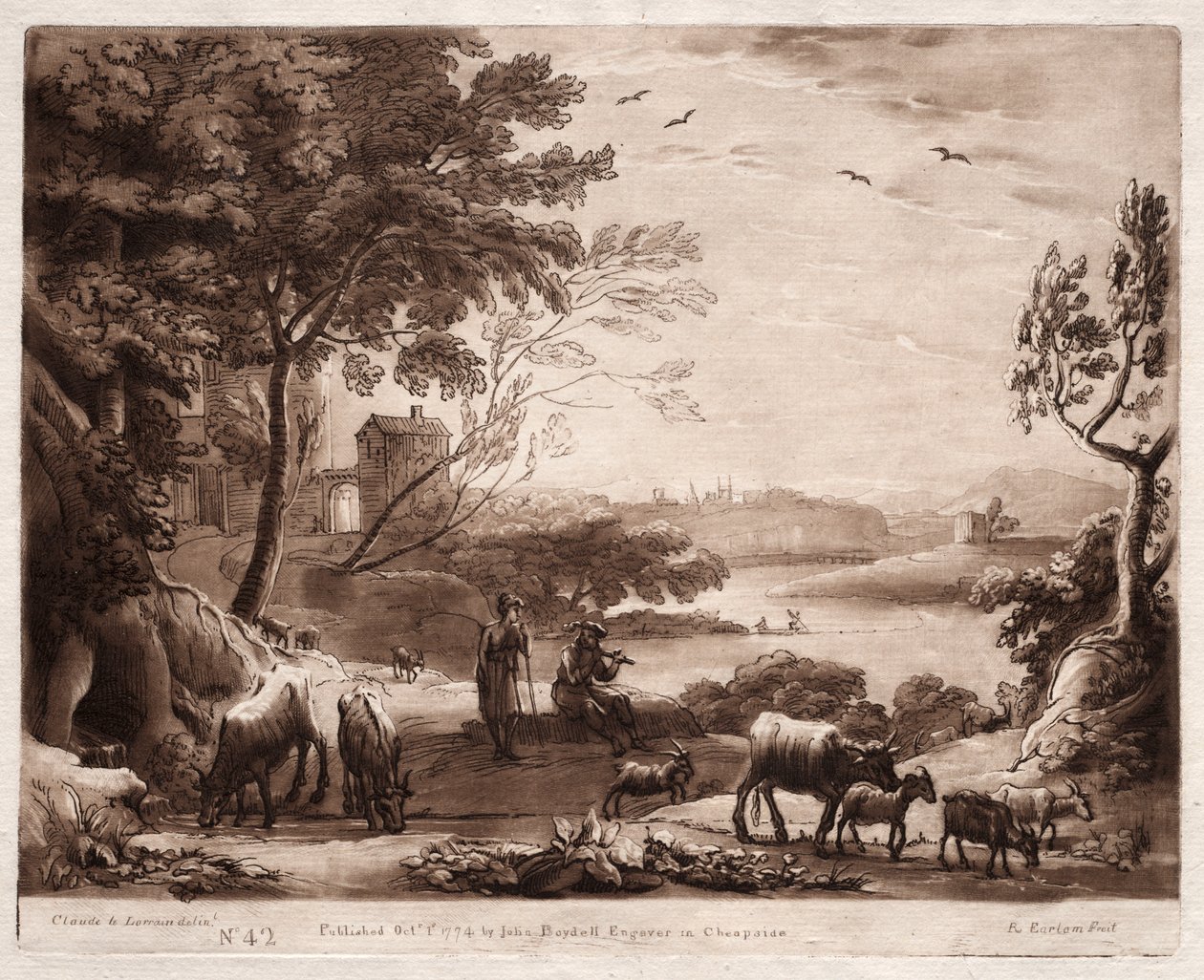 Liber Veritatis : No. 42, Un paysage fluvial avec un berger et une bergère et un troupeau de bovins - Richard Earlom