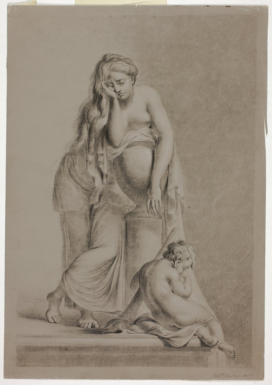 Figure féminine allégorique pleurant avec putto - Richard Earlom