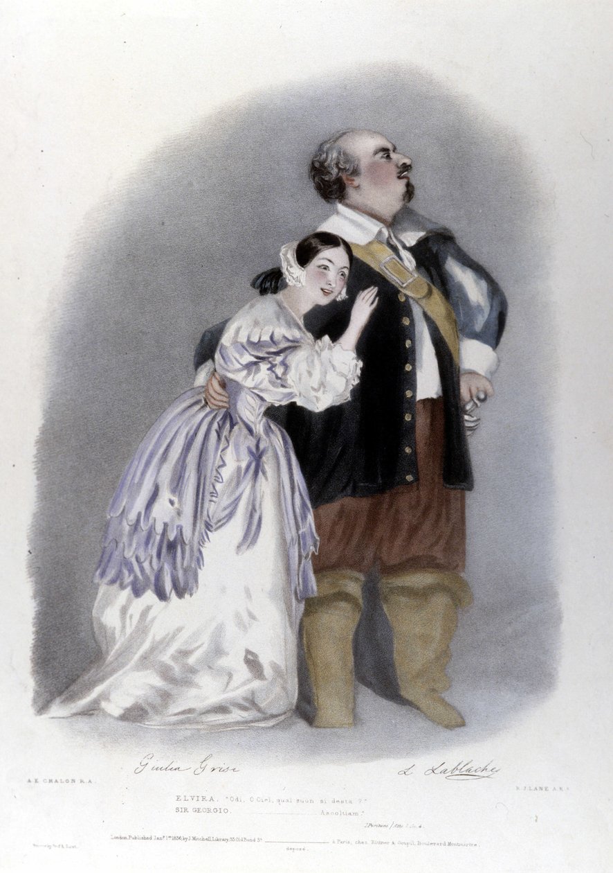 Giulia Grisi et Luigi Lablache dans le 3ème acte de « Les Puritains » (I puritani) de Vincenzo Bellini. Lithographie de R. J. Lane. 1835 - Richard James Lane