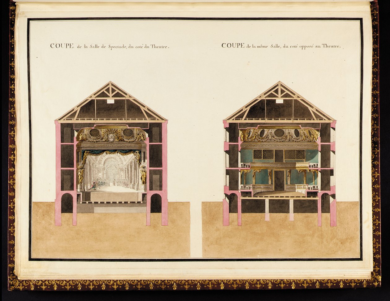 Coupe de la salle de spectacle du côté du théâtre & Coupe de la même salle du côté opposé au théâtre, du Recueil des plans du Petit Trianon par Richard Mique - Richard Mique