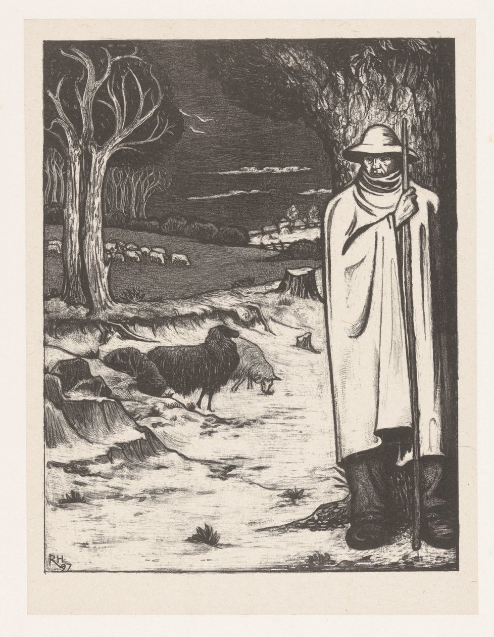 Berger avec un troupeau de moutons dans un paysage vallonné - Richard Nicolaüs Roland Holst