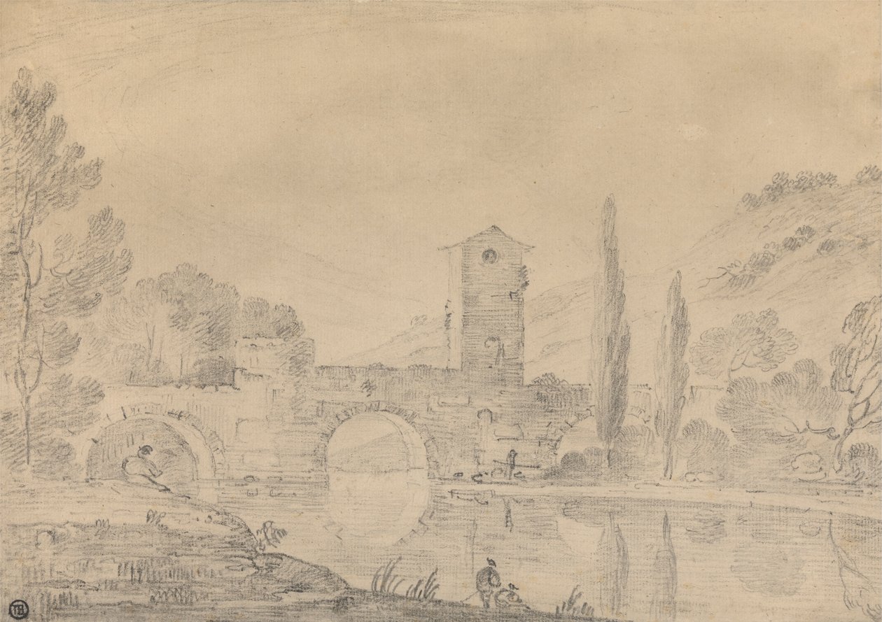 Paysage italien avec pont à trois arches, maison de pont, figures sur la rive proche et peupliers sur la rive lointaine - Richard Wilson