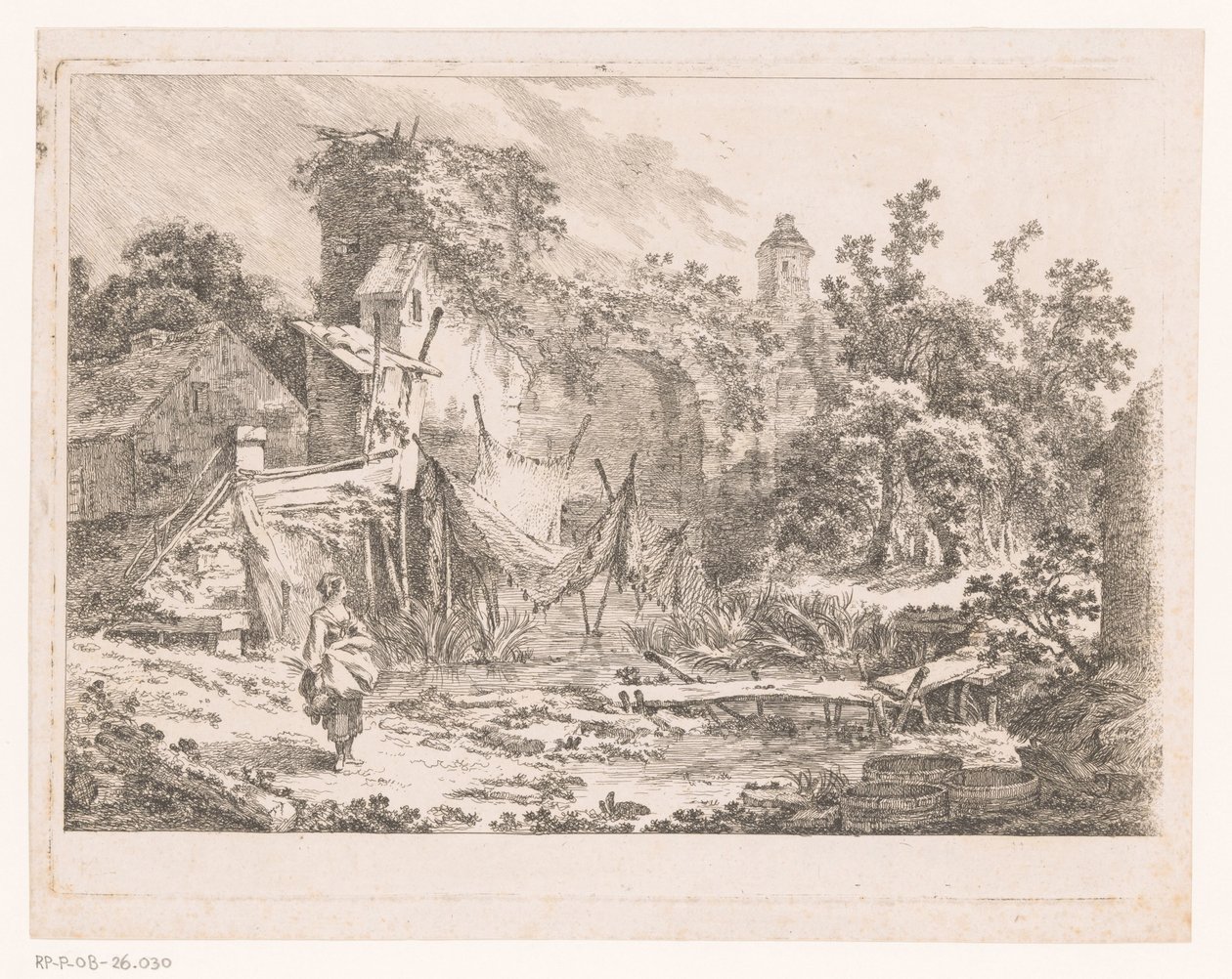 Paysage avec cabane et filets de pêche sur des piquets - Richard de Saint Non