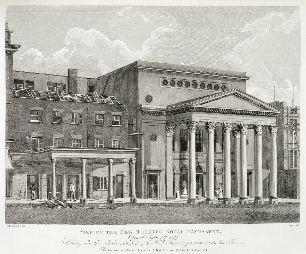 Vue du nouveau Théâtre Royal, Haymarket, à Londres, ouvert le 4 juillet 1821, montrant également la situation relative de l