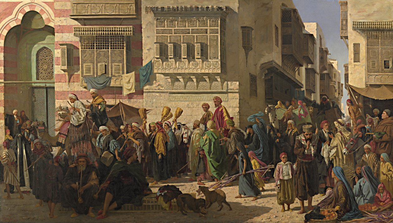 Un cheikh et son fils entrant au Caire à leur retour d