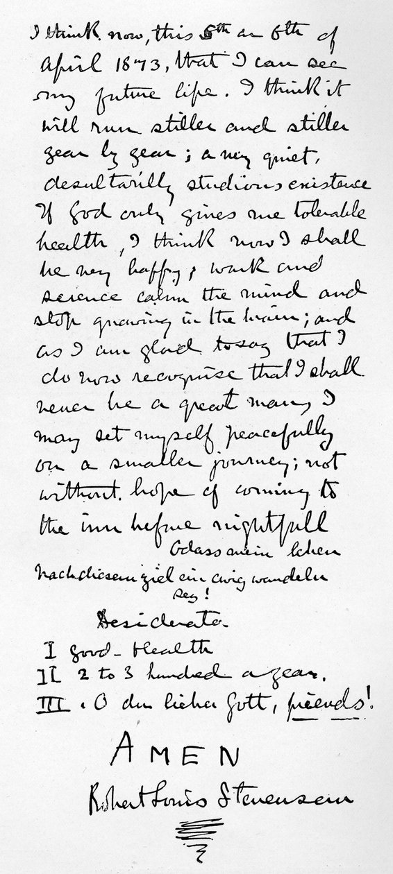 La philosophie personnelle de Stevenson et liste des desiderata pour une vie heureuse, 1873 - Robert Louis Stevenson