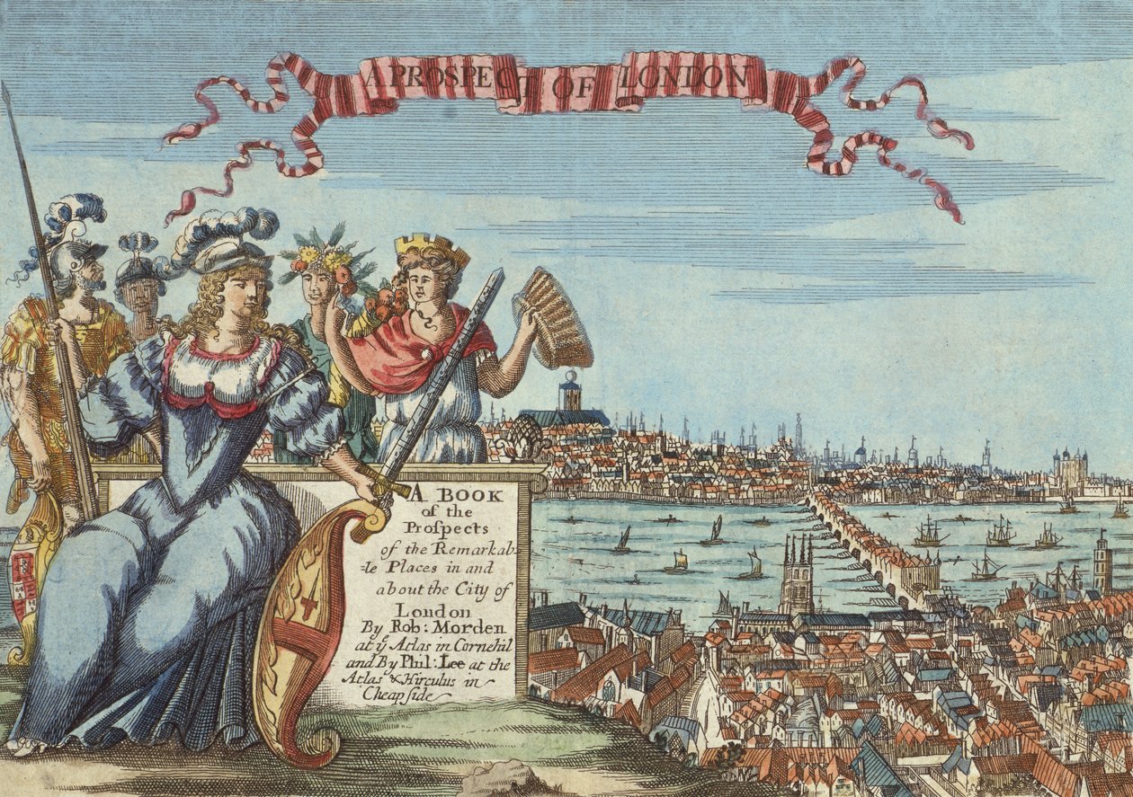 Une perspective de Londres, frontispice du livre des perspectives des lieux remarquables dans et autour de la ville de Londres, vers 1700 - Robert Morden