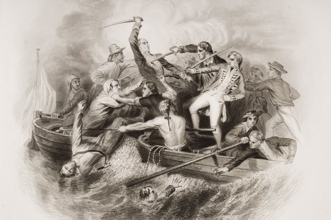 Rencontre désespérée en canonnières entre Nelson et Don Miguel Tyrason, illustration de 