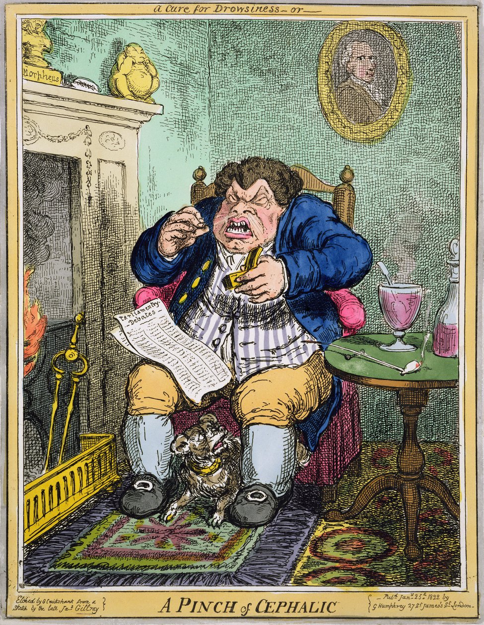 Un remède contre la somnolence ou une pincée de céphalique, gravé par George Cruikshank (1792-1878), publié par G. Humphrey, 25 janvier 1822 - Robert Seymour