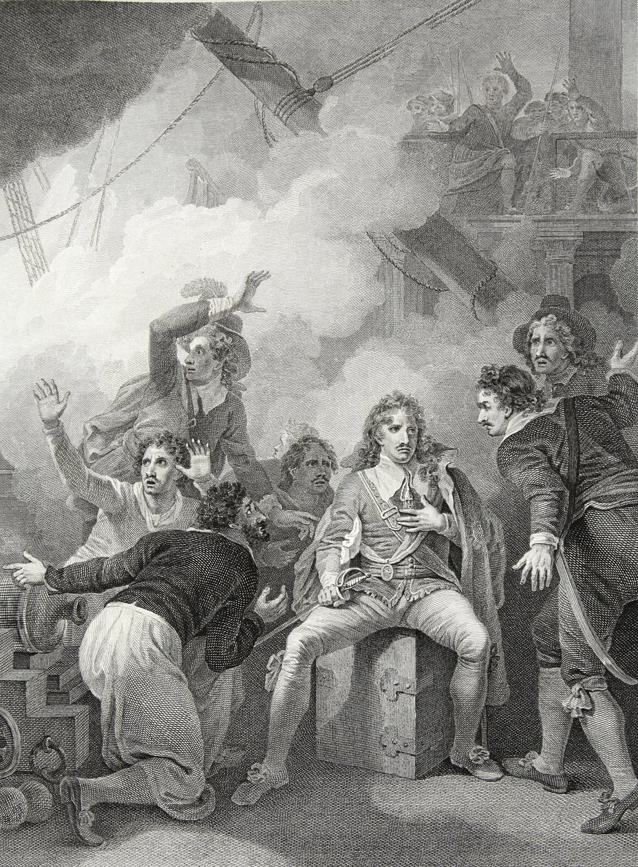 Le comte Sandwich refusant de quitter son navire en feu, lors de la bataille de Sole Bay, gravé par W. Byrne, illustration de 