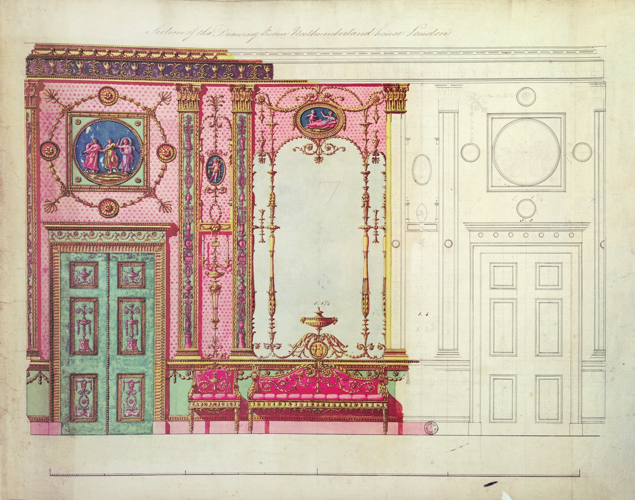 Section du salon, Northumberland House, Londres; Conception pour le mur de fond (plume, encre et aquarelle) - Robert Adam