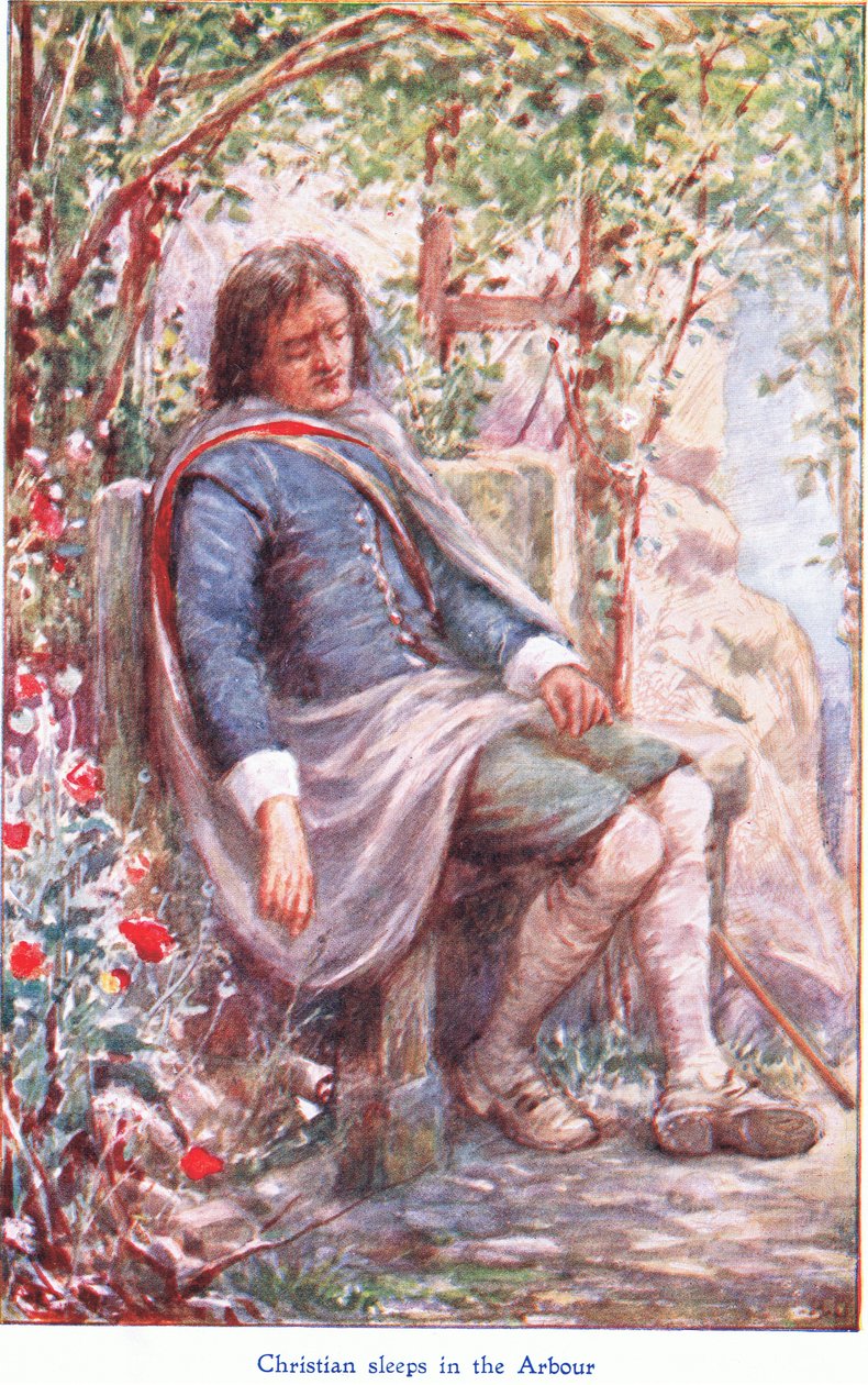 Christian dort dans la tonnelle, de The Pilgrims Progress publié par John F Shaw & Co, vers 1900 - Robert Ambrose Dudley