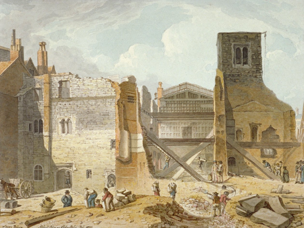 Vue de la démolition du palais de Savoy, Westminster, Londres, 1820 - Robert Blemmell Schnebbelie