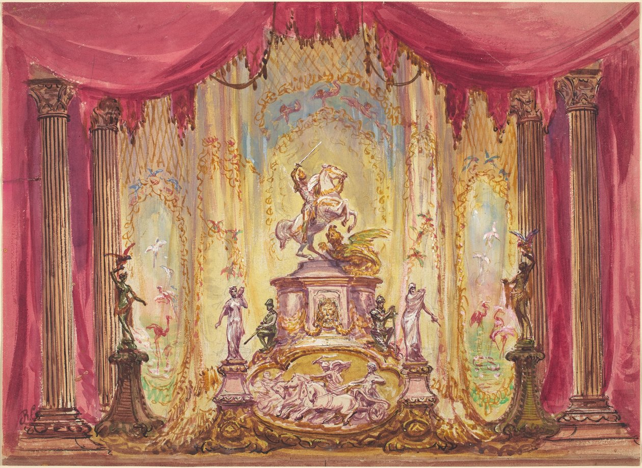 Décor de Scène avec une Statue de Saint Georges Terrassant le Dragon - Robert Caney