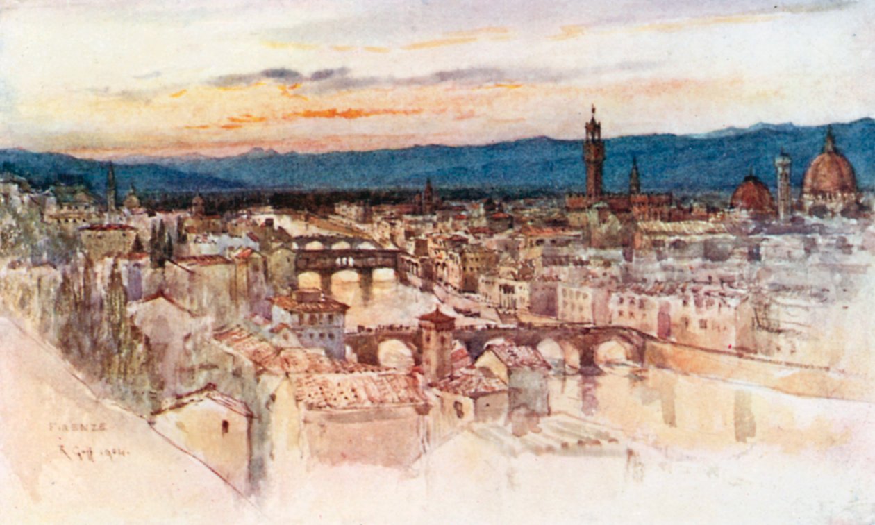 La ville de Florence depuis la Piazzale Michelangelo, San Miniato (lithographie couleur) - Robert Charles Goff