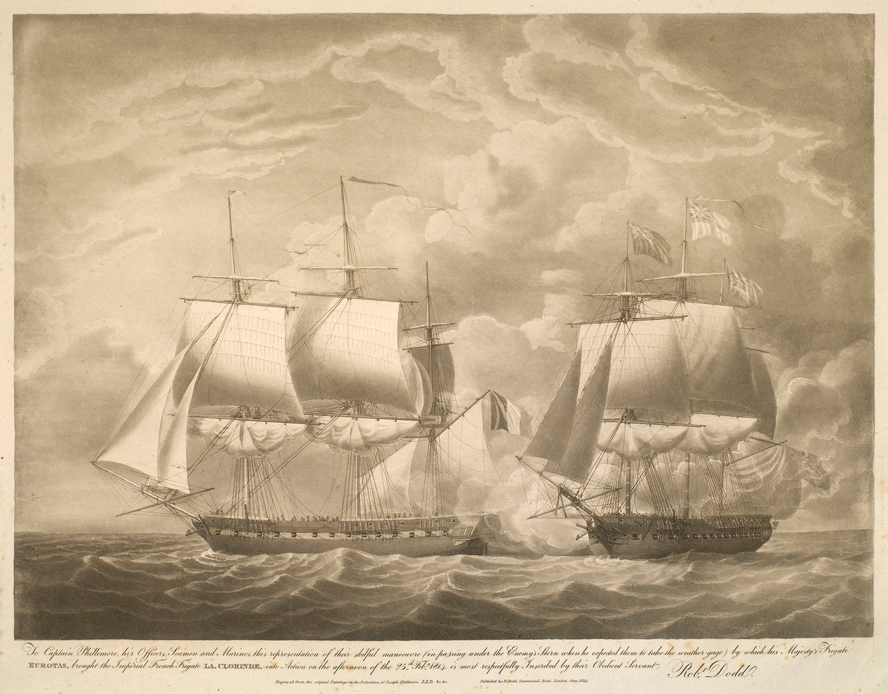 Au capitaine Phillimore, à ses officiers, matelots et marins, cette représentation de leur habile manœuvre (en passant sous la poupe de l