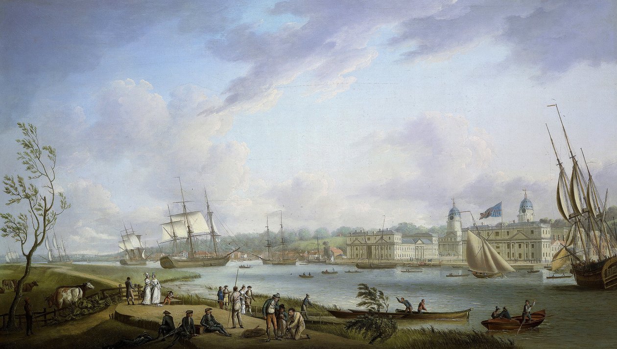 Vue de Greenwich, description de la Tamise et des activités sur ses rives, ainsi que de la navigation fluviale, sujet à l