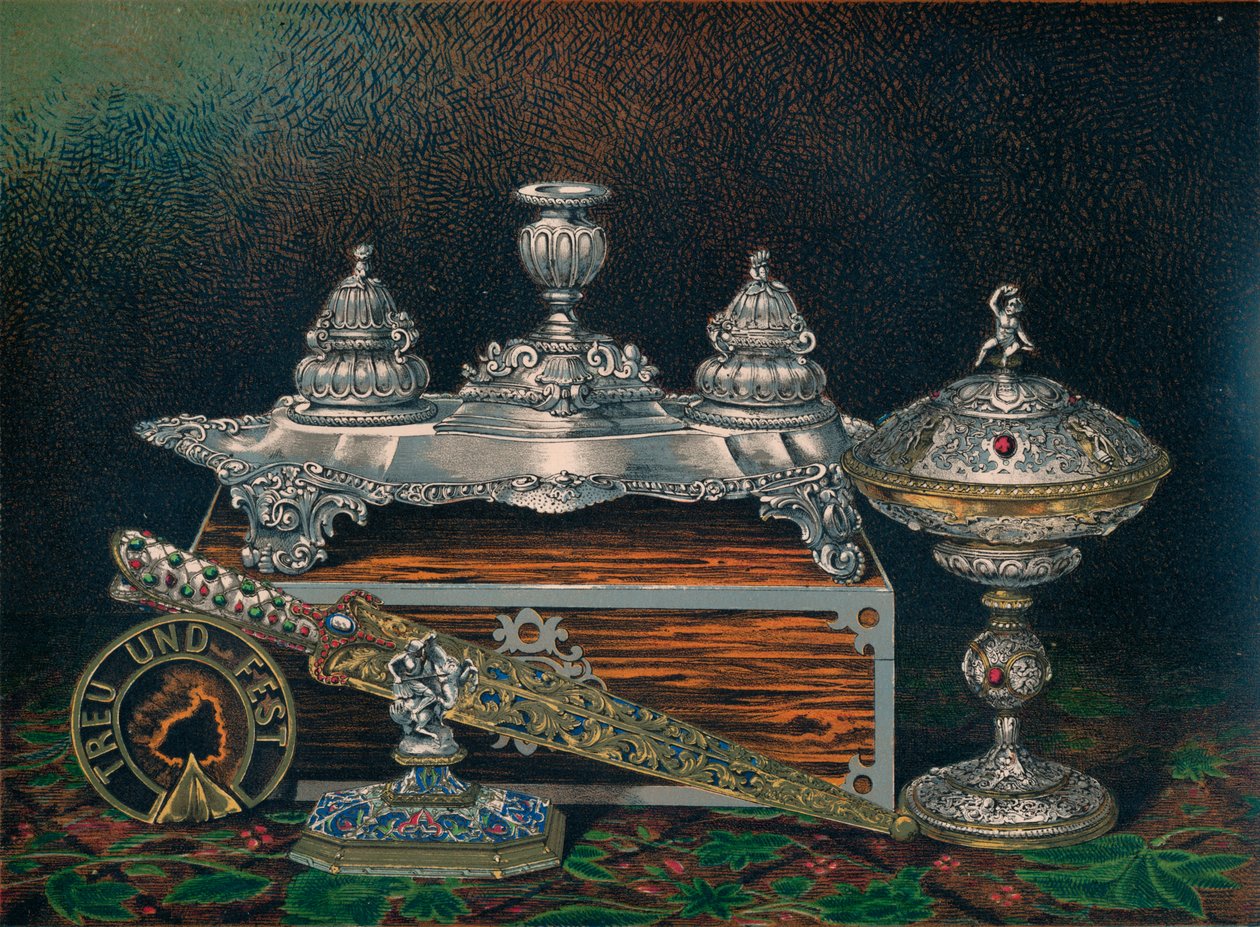 Encrier, presse-papier, couteau de chasse ou poignard, tazza couverte, presse-papier, 1863 - Robert Dudley