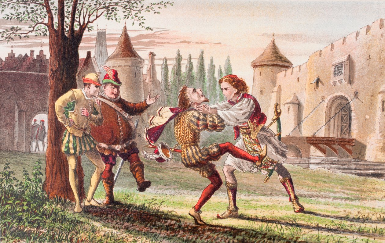 Sébastien parle dans Twelfth Night, Acte IV, Scène I, "Why ! Il y en a pour toi ! Et là ! Et là !", tiré de "The Illustrated Library Shakespeare", publié à Londres en 1890 (lithographie en couleurs). - Robert Dudley