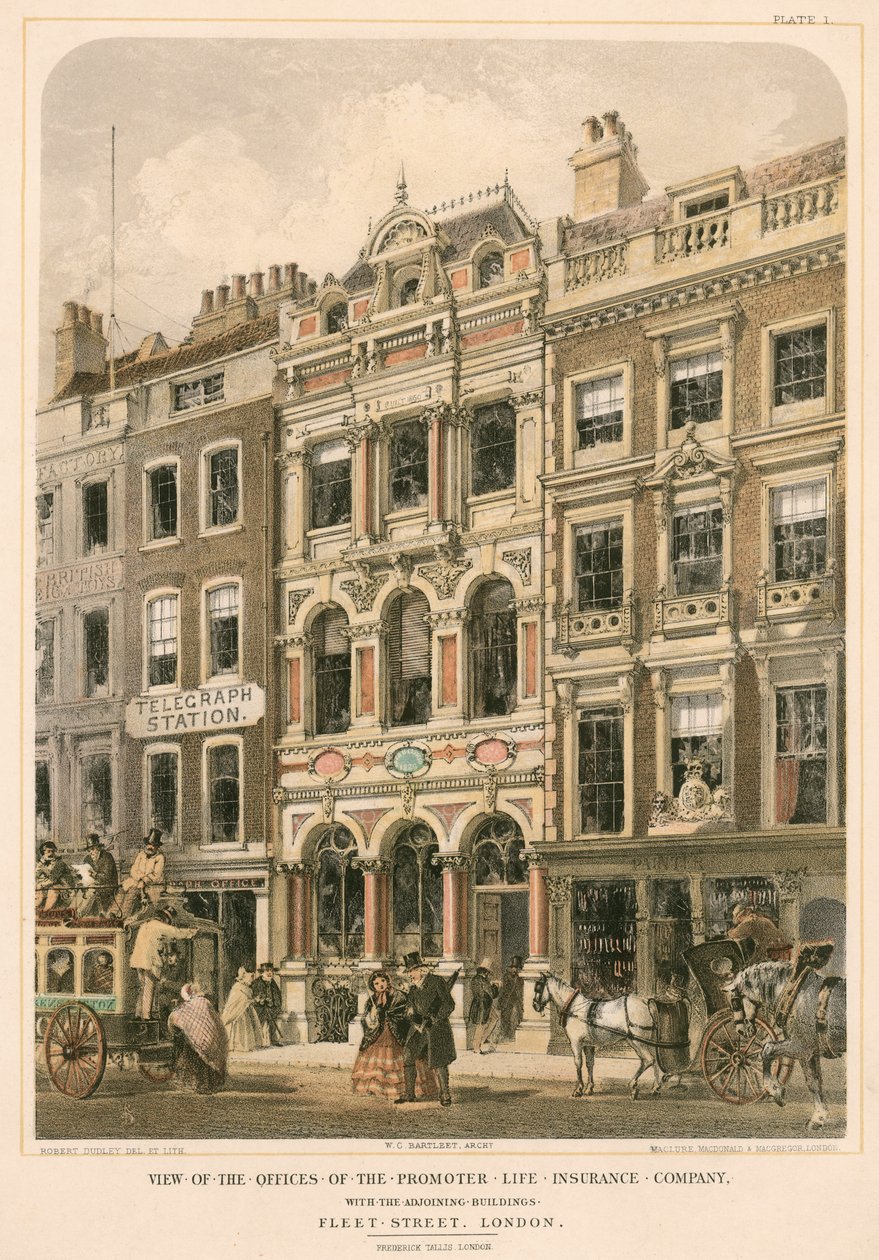 Vue des bureaux de la Promoter Life Insurance Company et des bâtiments adjacents, Fleet Street, Londres (lithographie couleur) - Robert Dudley