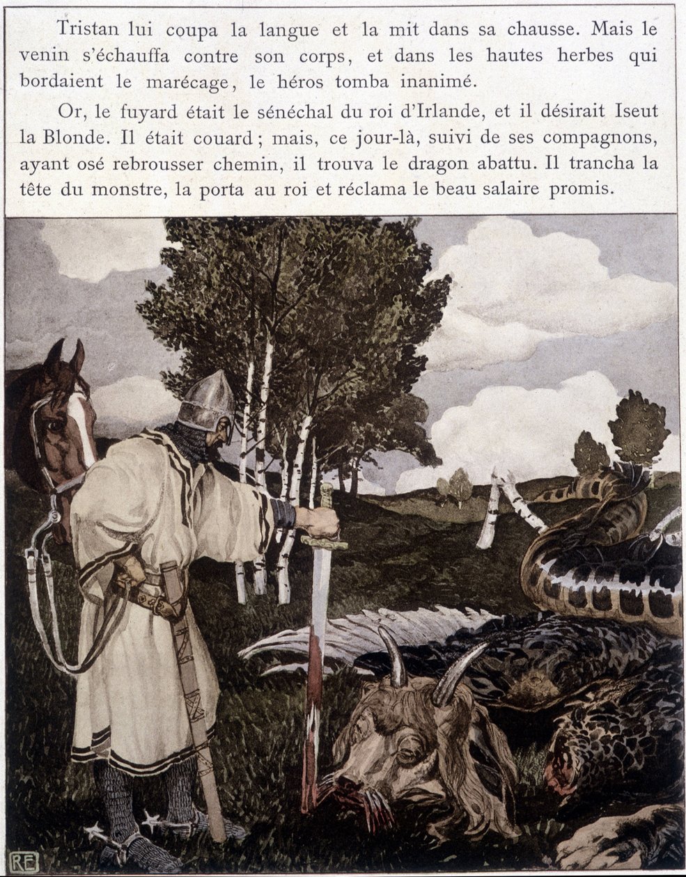 Tristan près du dragon mort - dans « Le Roman de Tristan et Iseult » par Bédier, ill. par Robert Engels, éd. d