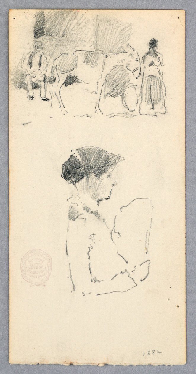 Dessin, scène avec un âne et deux personnages ; femme tenant un éventail, 1882 - Robert Frederick Blum