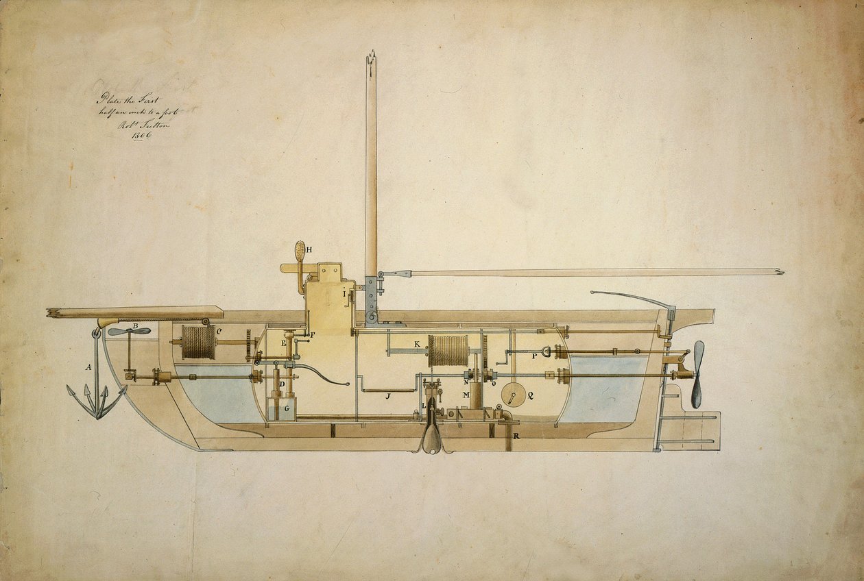 Dessin original du Nautilus, le premier sous-marin, présenté par son inventeur Robert Fulton (1765-1815) au Sénat américain en 1806. - Robert Fulton