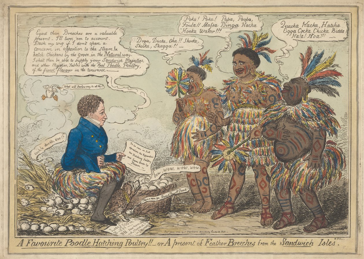 Un caniche favori couvant de la volaille !! - ou Un cadeau de culottes en plumes des îles Sandwich - Robert Isaac Cruikshank