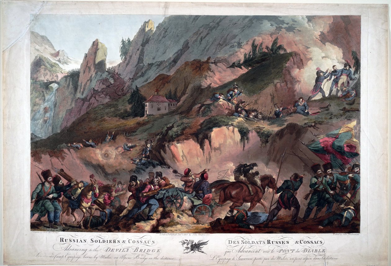 En 1799, les troupes de Napoléon se sont battues sur le pont du Diable contre les Russes commandés par le général Souvarov - Armée russe traversant le pont du Diable en 1799 - Porter, Robert Carr (1777-1842) - 1804 - Aquatinte - Collection privée - Robert Kerr Porter