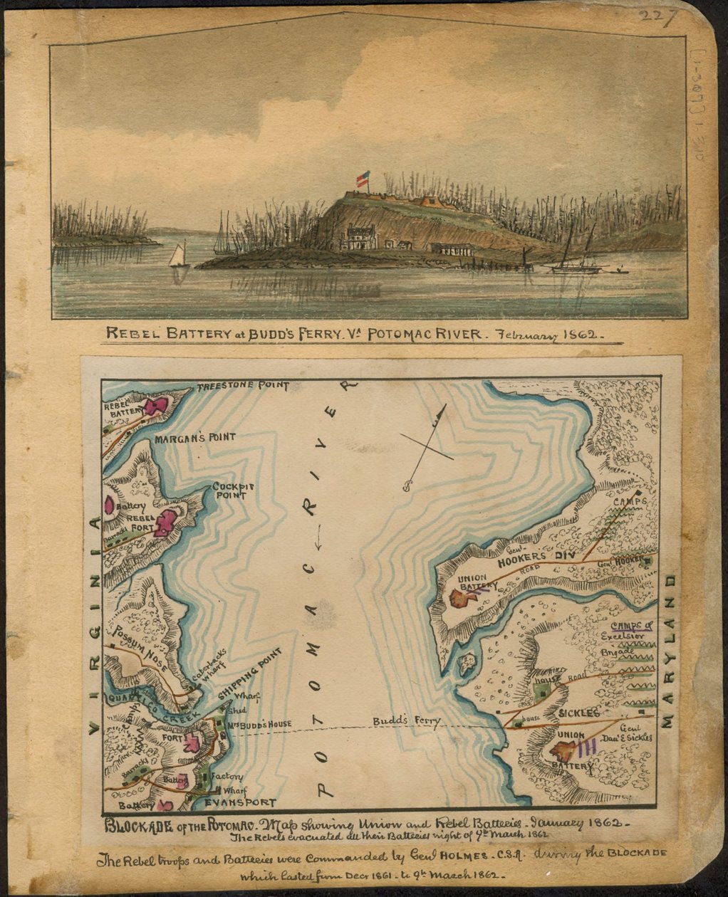 Blocus du Potomac. Carte montrant les batteries de l