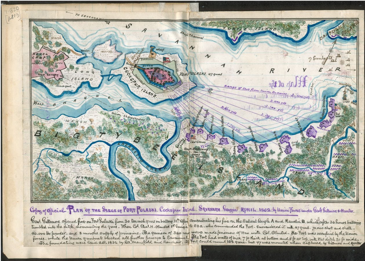 Copie du plan officiel du siège du fort Pulaski. Île de Cockspur. Savannah (Géorgie) avril 1862 - par les forces de l