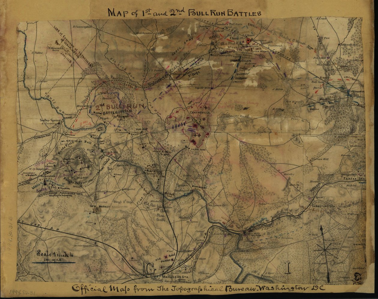 Carte des 1ère et 2ème batailles de Bull Run. Carte officielle du Bureau topographique, Washington, D.C. LOC gvhs01.vhs00239 - Robert Knox Sneden