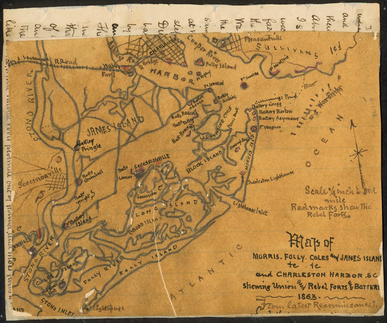 Carte de Morris, Folly, Coles et James Island(s), etc., et du port de Charleston S.C. montrant (sic) les forts et batteries de l
