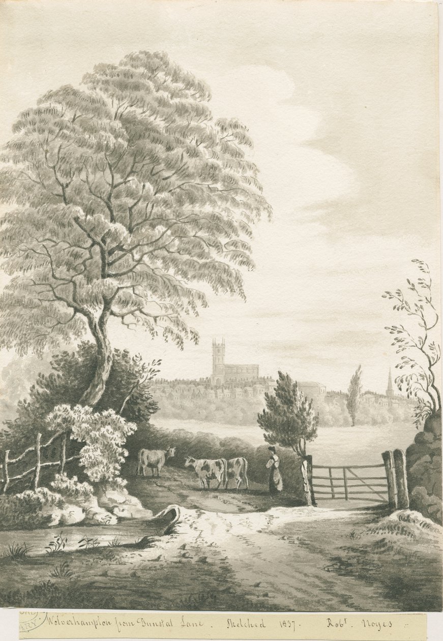Wolverhampton - Vue lointaine de Dunstall Lane: dessin au lavis sépia, 1837 - Robert Noyes