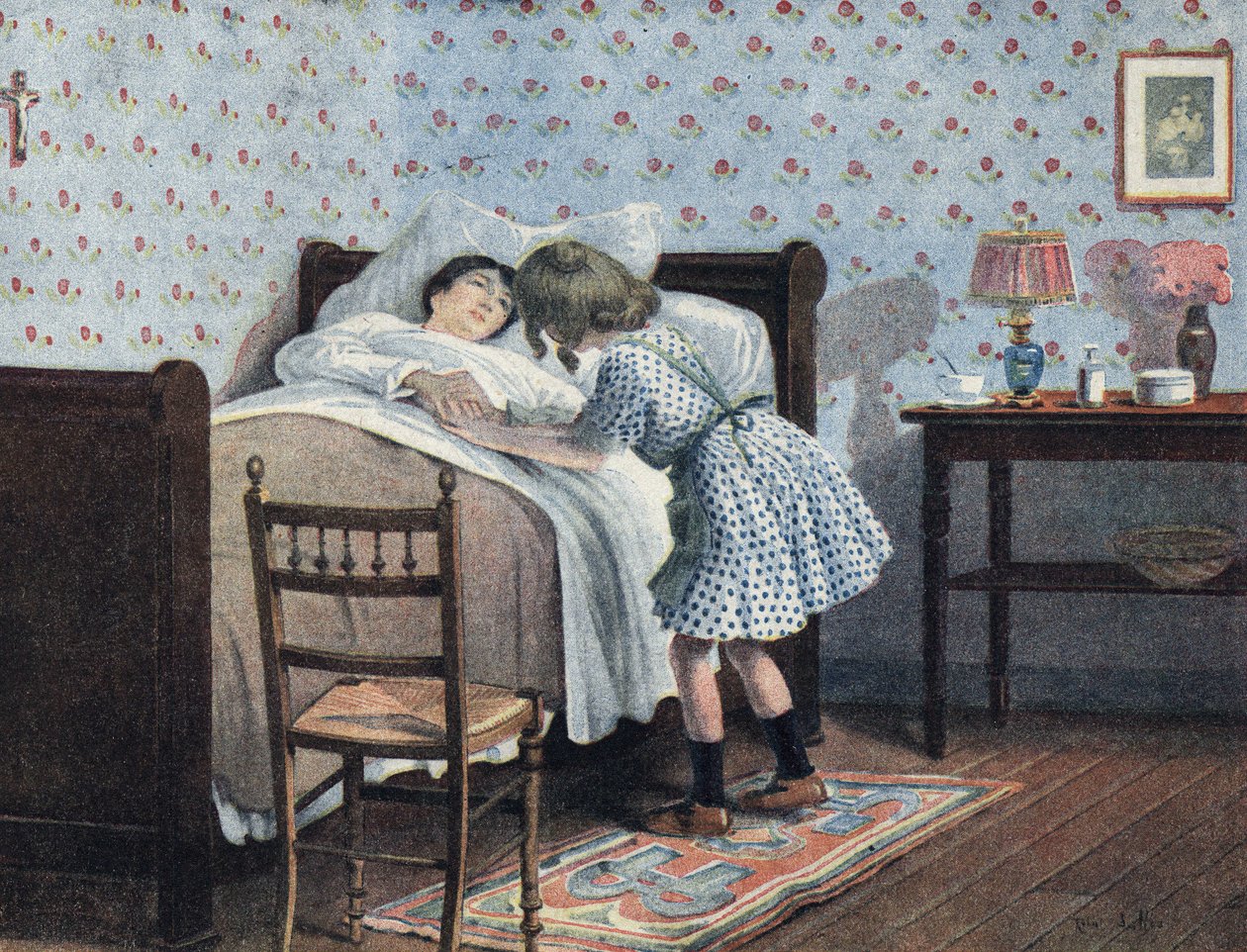 Une petite fille au chevet de sa mère malade attend sa guerre. Illustration de Robert Salles (1871-1929) dans « Je sais Lire ». - Robert Salles