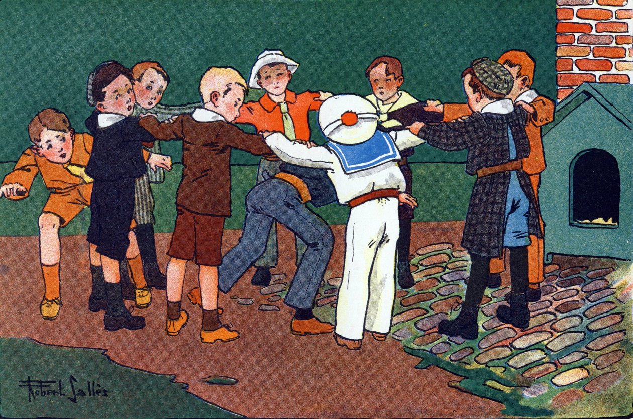 Chat et souris. Gravure dans "À quoi jouons-nous ?" par E. Weber avec des dessins aquarellés de Robert Salles (1871-1929). Librairie Garnier Frères, Paris. - Robert Salles