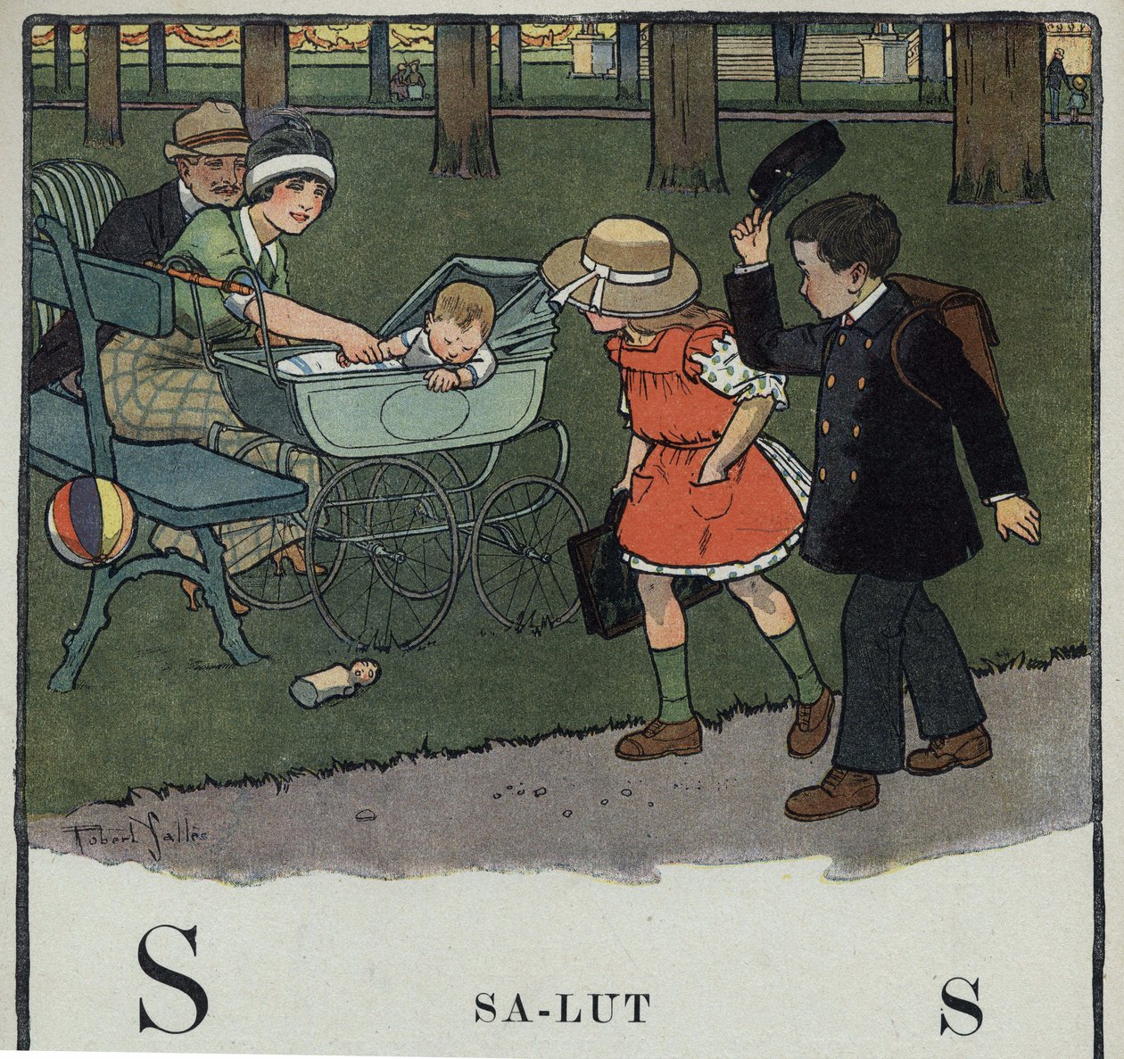 Livre pour enfants “Je lirai - Alphabet méthodique et amusant par un papa” 1926. Illustration de Robert Salles (1871-1929). Abécédaire : lettre S comme Salut. Un garçon salue un couple et leur bébé en soulevant sa casquette. - Robert Salles