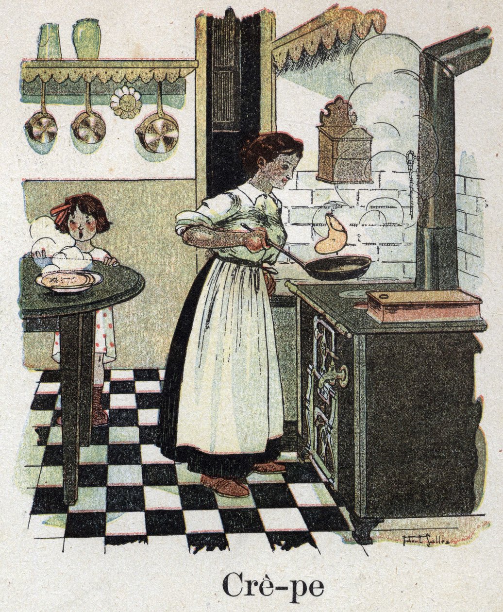 Livre pour enfants « Je lirai - Alphabet méthodique et amusant par un papa » 1926. Illustration de Robert Salles (1871-1929). Maman souffle les crêpes dans la poêle - Robert Salles
