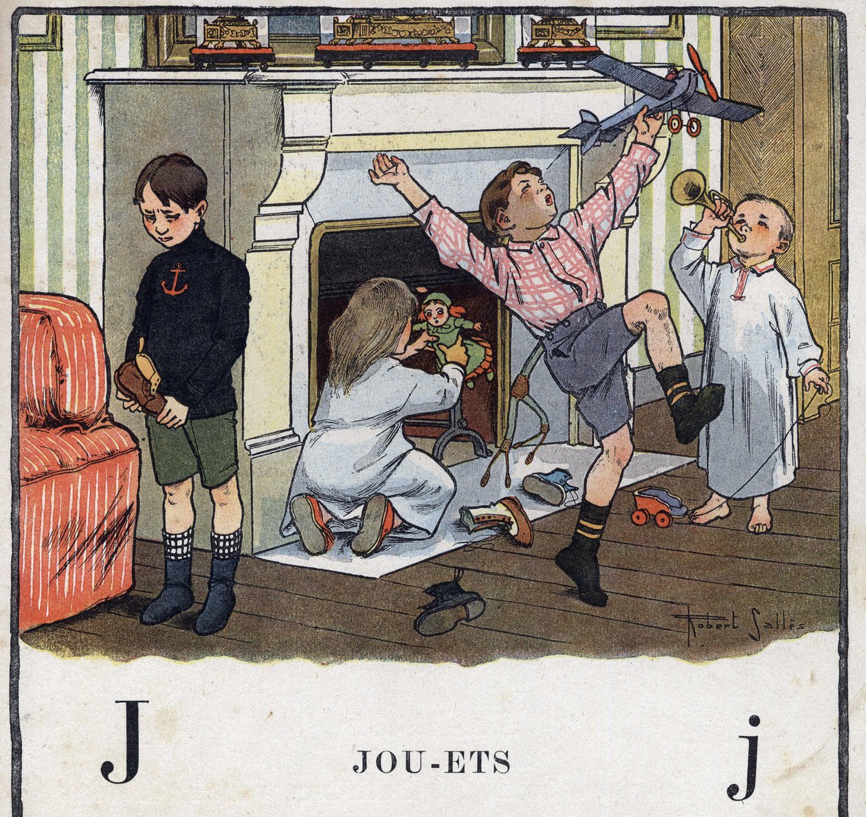 Livre pour enfants « Je lirai - Alphabet méthodique et amusant par un papa » 1926. Illustration de Robert Salles (1871-1929). Abécédaire : lettre J comme Jouets. Les enfants ont reçu des jouets dans leurs chaussures et s