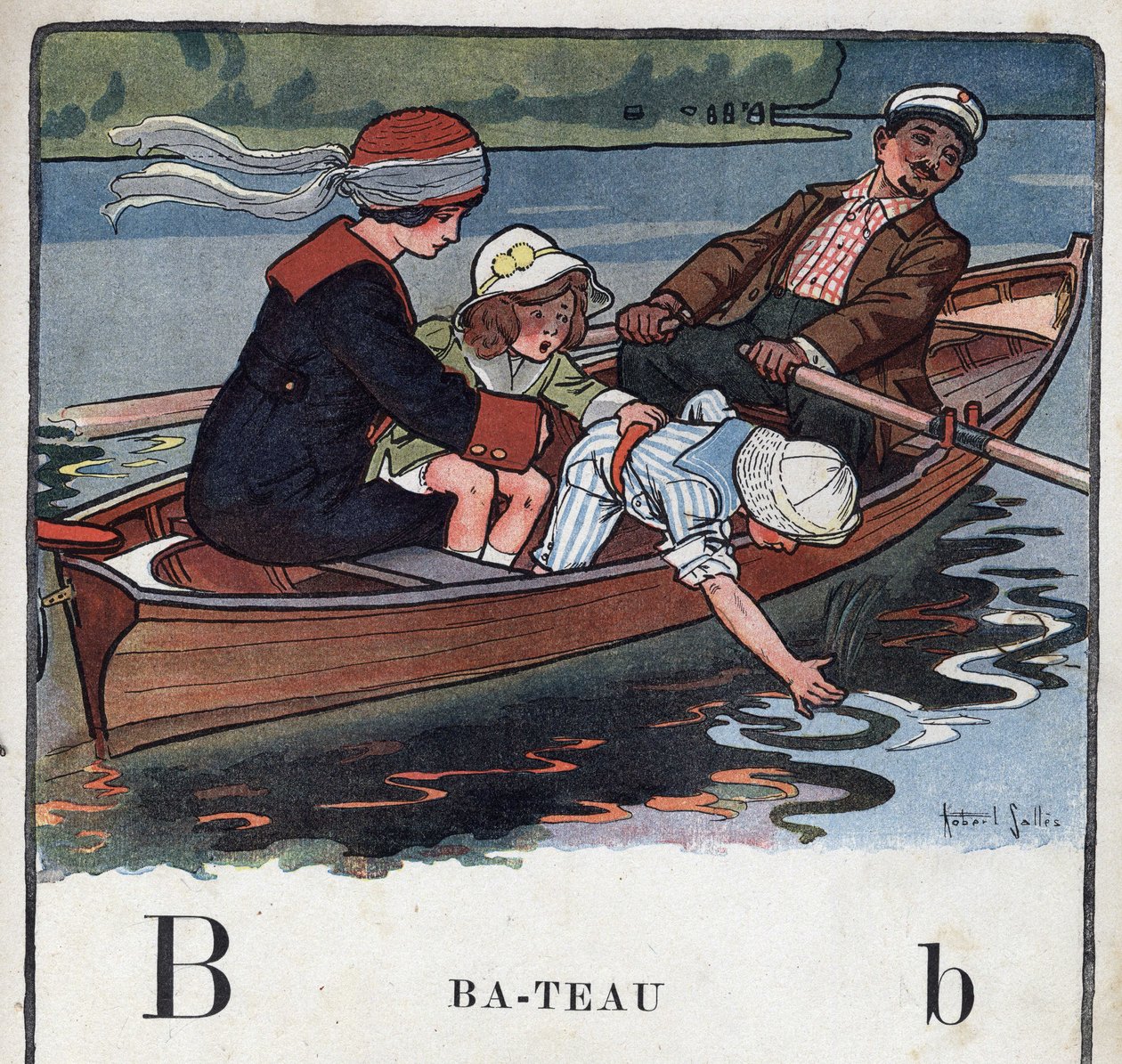 Livre pour enfants « Je saurai lire - Alphabet méthodique et amusant par un papa » 1926. Illustration de Robert Salles (1871-1929). Abécédaire : lettre B comme bateau. Une famille en bateau se promène - Robert Salles