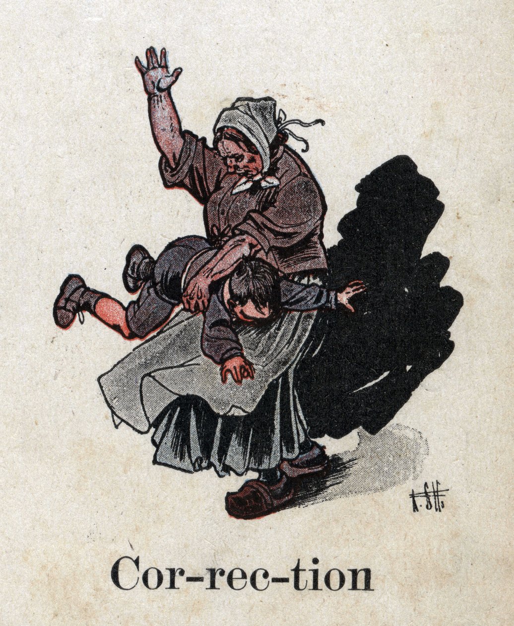 Livre pour enfants « Je lirai - Alphabet méthodique et amusant par un papa » 1926. Illustration de Robert Salles (1871-1929). « Correction ». Punition : une mère punit son enfant - Robert Salles