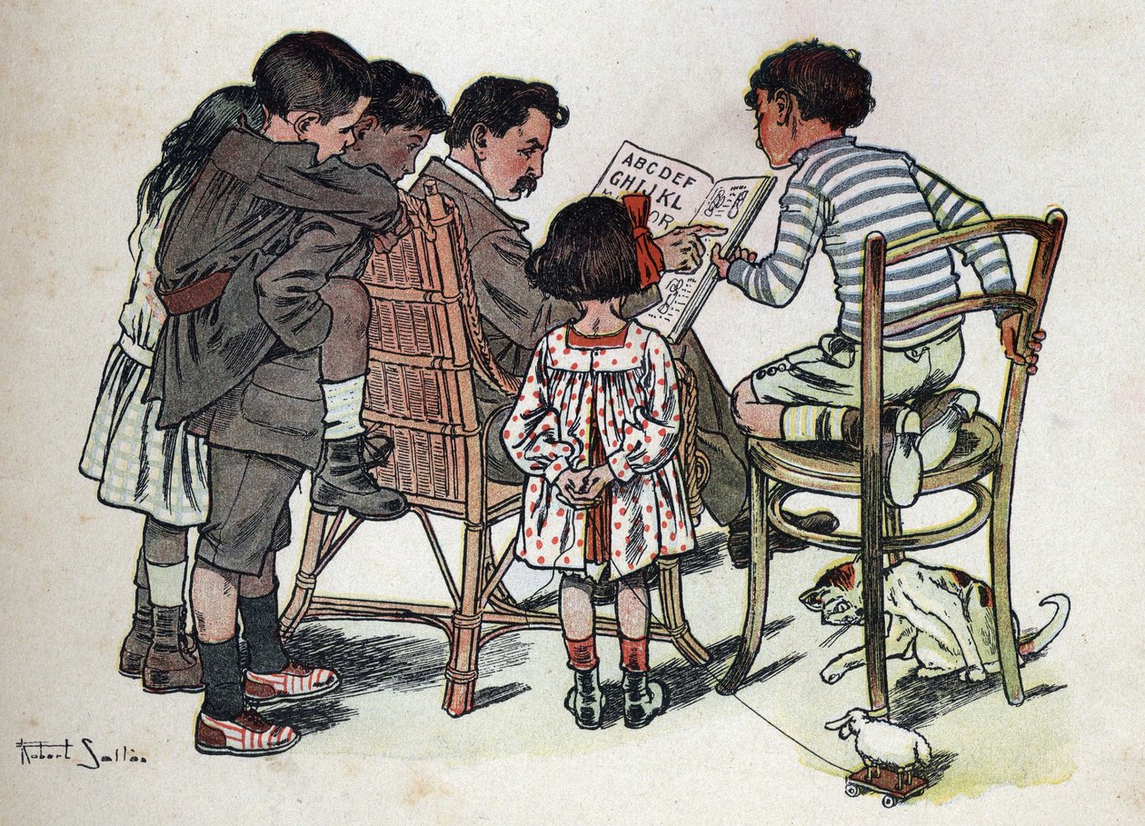 Livre pour enfants « Je lirai - Alphabet méthodique et amusant par un papa » 1926. Illustration de Robert Salles (1871-1929). Un père de famille apprend à lire aux enfants - Robert Salles