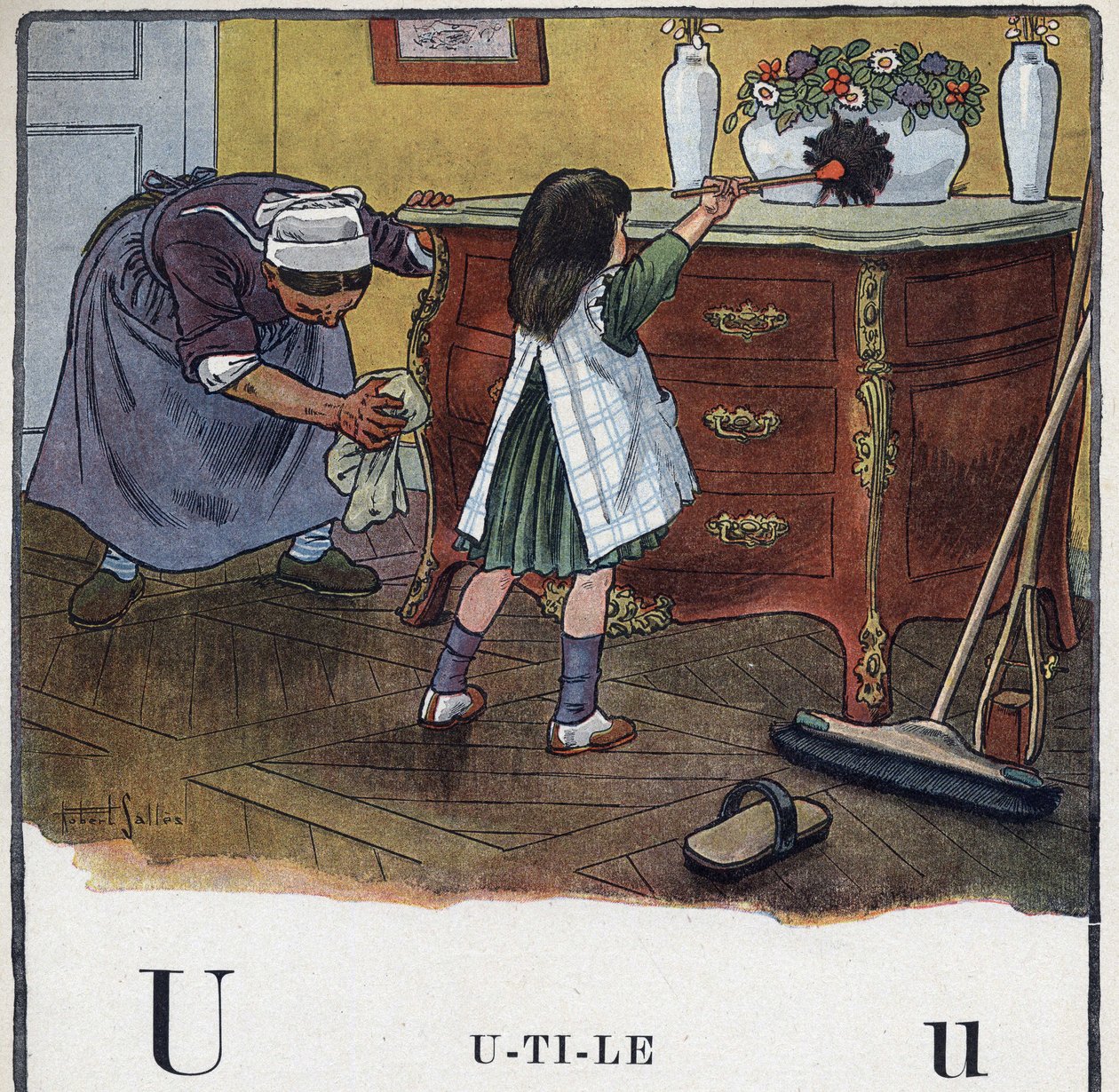 Livre pour enfants « Je lirai - Alphabet méthodique et amusant par un papa » 1926. Illustration de Robert Salles (1871-1929). Abécédaire : lettre U comme Utile. Une fille aide au nettoyage et à la poussière - Robert Salles