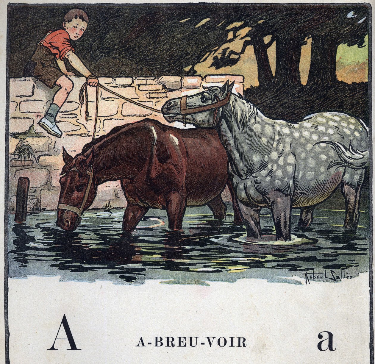 Livre pour enfants « Je lirai - Alphabet méthodique et amusant par un papa » 1926. Illustration de Robert Salles (1871-1929). Abécédaire : lettre A comme Eau potable. Deux chevaux boivent de l