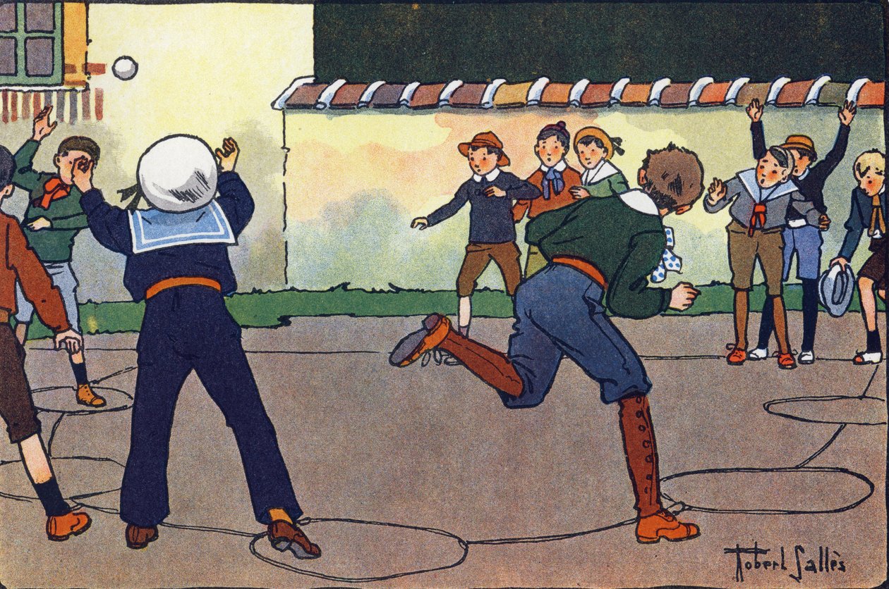La balle au camp (ou balle au prisonnier ou balle au chasseur). Gravure dans "À quoi jouons-nous ?" par E. Weber avec des dessins aquarellés de Robert Salles (1871-1929). Librairie Garnier Frères, Paris. - Robert Salles