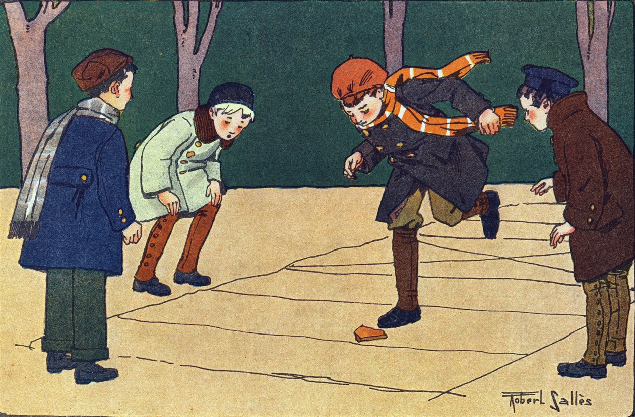 La marelle. Gravure dans "À quoi jouons-nous ?" par E. Weber avec des dessins aquarellés de Robert Salles (1871-1929). Librairie Garnier Frères, Paris - Robert Salles