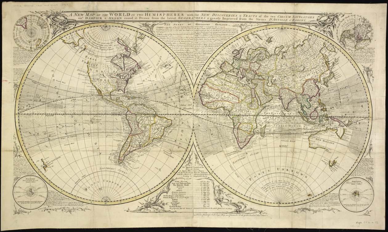 Une nouvelle carte du monde en deux hémisphères avec les nouvelles découvertes et les trajets des deux navigateurs, à savoir Dampier et Anson : dessinée d