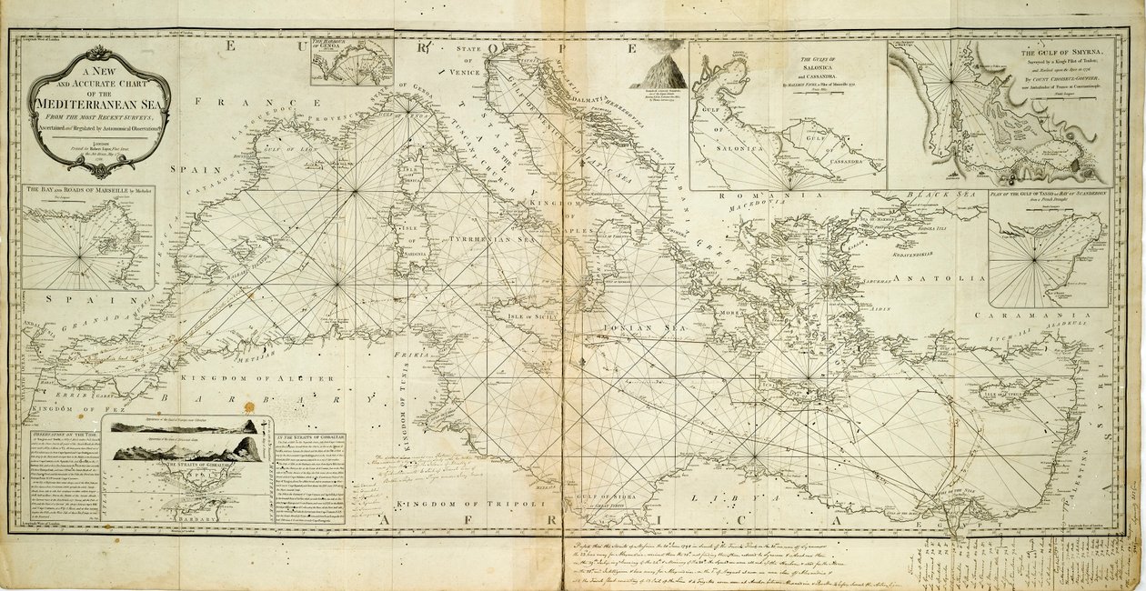 Nouvelle et précise carte de la mer Méditerranée des relevés les plus récents, déterminée et régulée par des observations astronomiques - Robert Sayer